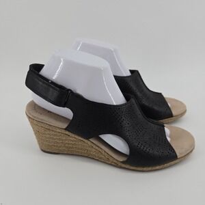 Clark's Lafley Rosen Black Leather Wedge Sandal Womens Size 9.5 M